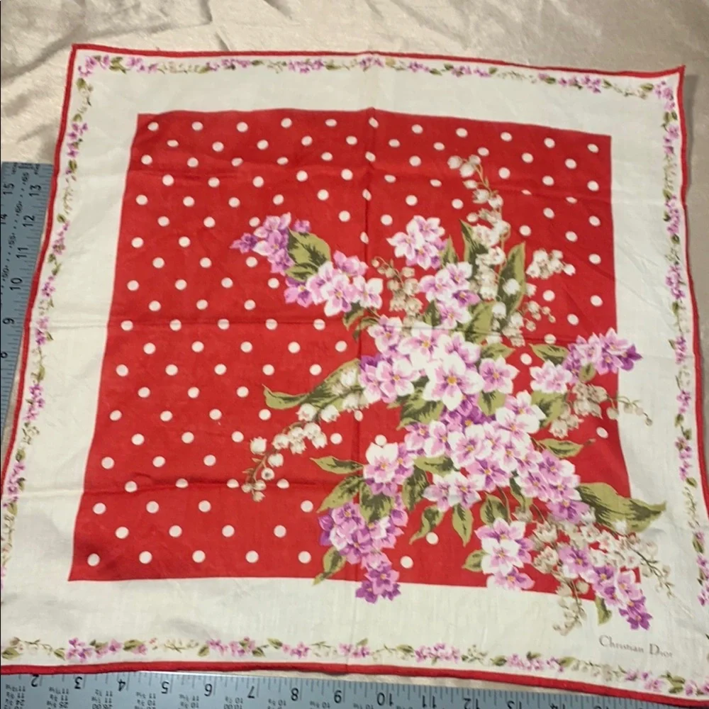 Christian Dior Red Floral Scarf 18x18